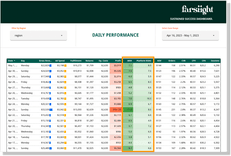 Daily MER report, revenue across channels, ROAS