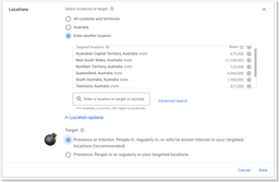 GA, Google Ads, Location settings. 