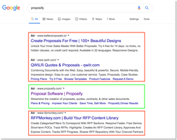 Screenshot from Google showing competitors bidding on Proposify's branded terms